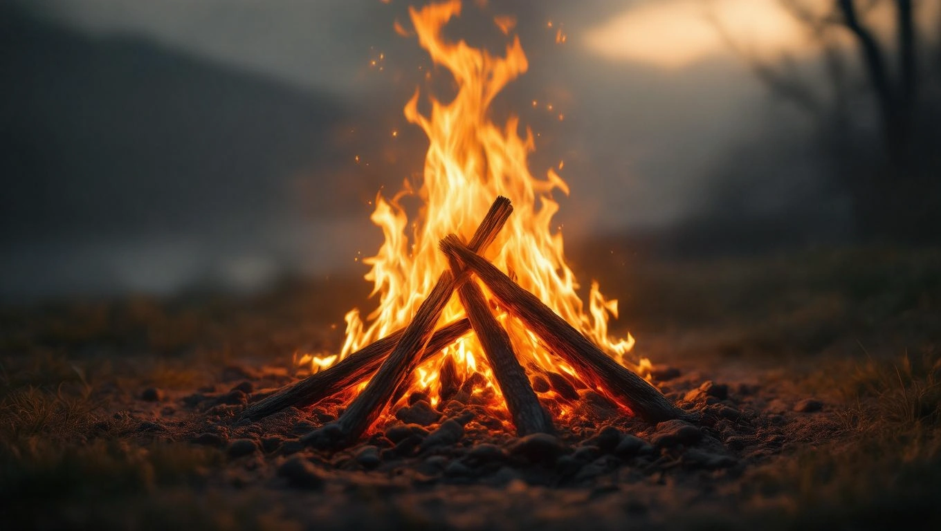 Mit jelent máglyával álmodni? – Részletes álomfejtés és értelmezés Egy máglya lángja ég a sötét háttér előtt, fák és kövek között.