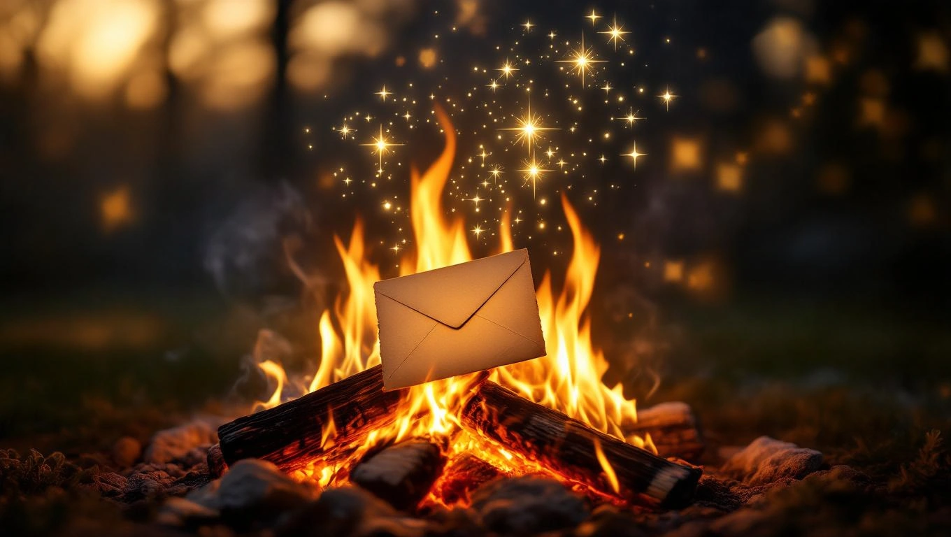 Mit jelent máglyával álmodni? – Részletes álomfejtés és értelmezés Egy máglyán lobogó tűz előtt egy boríték lebeg, csillagokkal körülvéve.