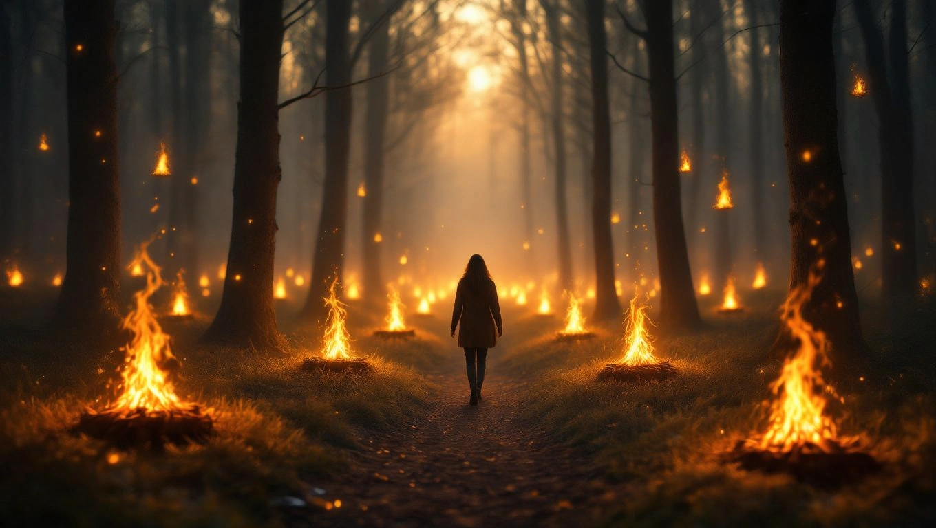 Mit jelent máglyával álmodni? – Részletes álomfejtés és értelmezés Egy nő sétál a fák között, máglyák égnek körülötte a ködös erdőben.