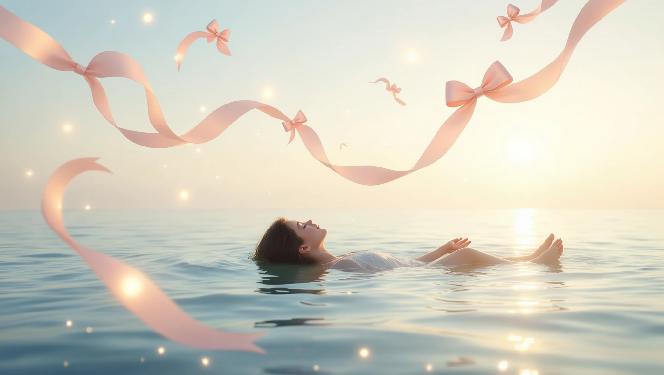 Mit jelent masnival álmodni? – Részletes álomfejtés és értelmezés Egy nő lebeg a vízben, körülötte rózsaszín masnik és fények.