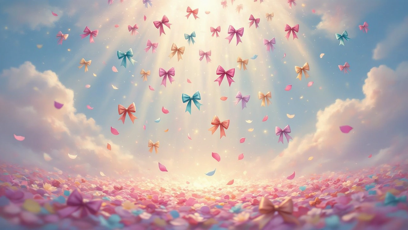 Mit jelent masnival álmodni? – Részletes álomfejtés és értelmezés Színes masnik lebegnek a felhők felett, virágos háttérrel.