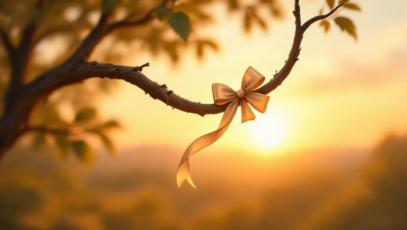 Mit jelent masnival álmodni? – Részletes álomfejtés és értelmezés Egy aranyszínű masni lóg egy faágon, háttérben naplementével.