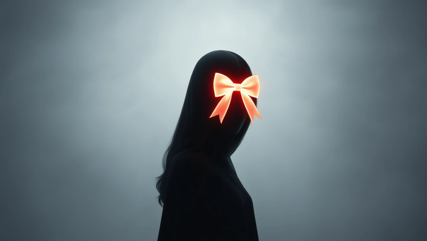 Mit jelent masnival álmodni? – Részletes álomfejtés és értelmezés Egy női sziluett, akinek feje helyén világító masni látható, szürke háttér előtt.