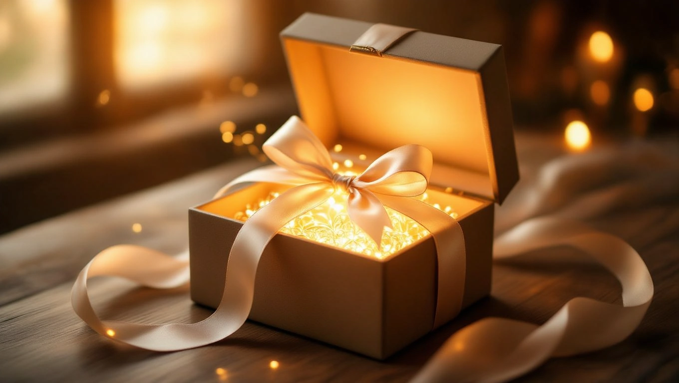 Egy nyitott ajándékdoboz, benne fénylő díszekkel és masnival.