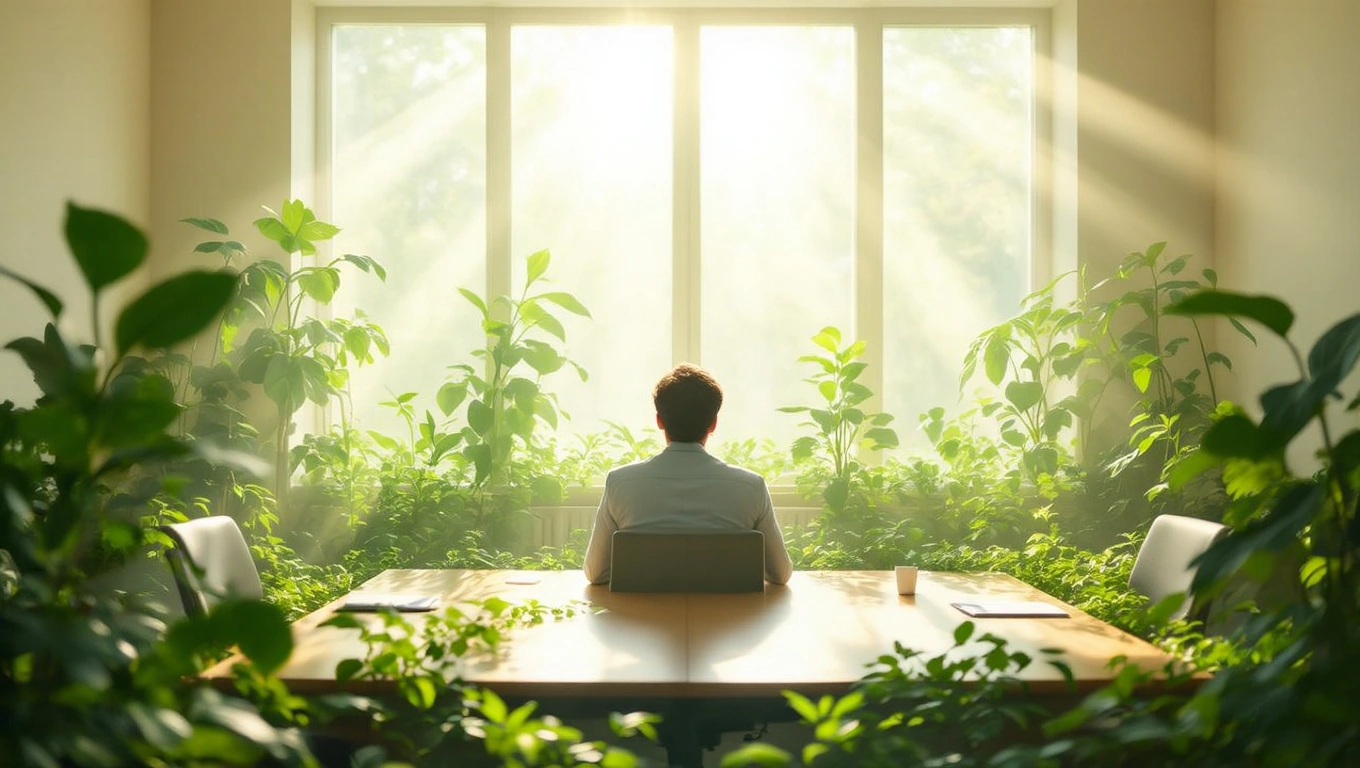Mit jelent meetingről álmodni? – Részletes álomfejtés és értelmezés Egy férfi ül egy asztalnál, körülötte zöld növények, napfény árad be az ablakon.