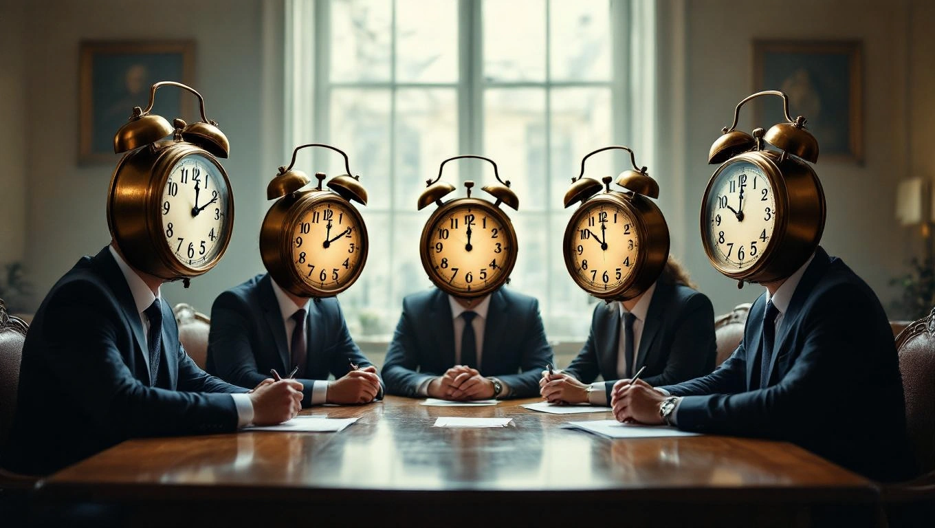 Öt öltönyös figura ül egy asztalnál, fejük helyén órák láthatók.