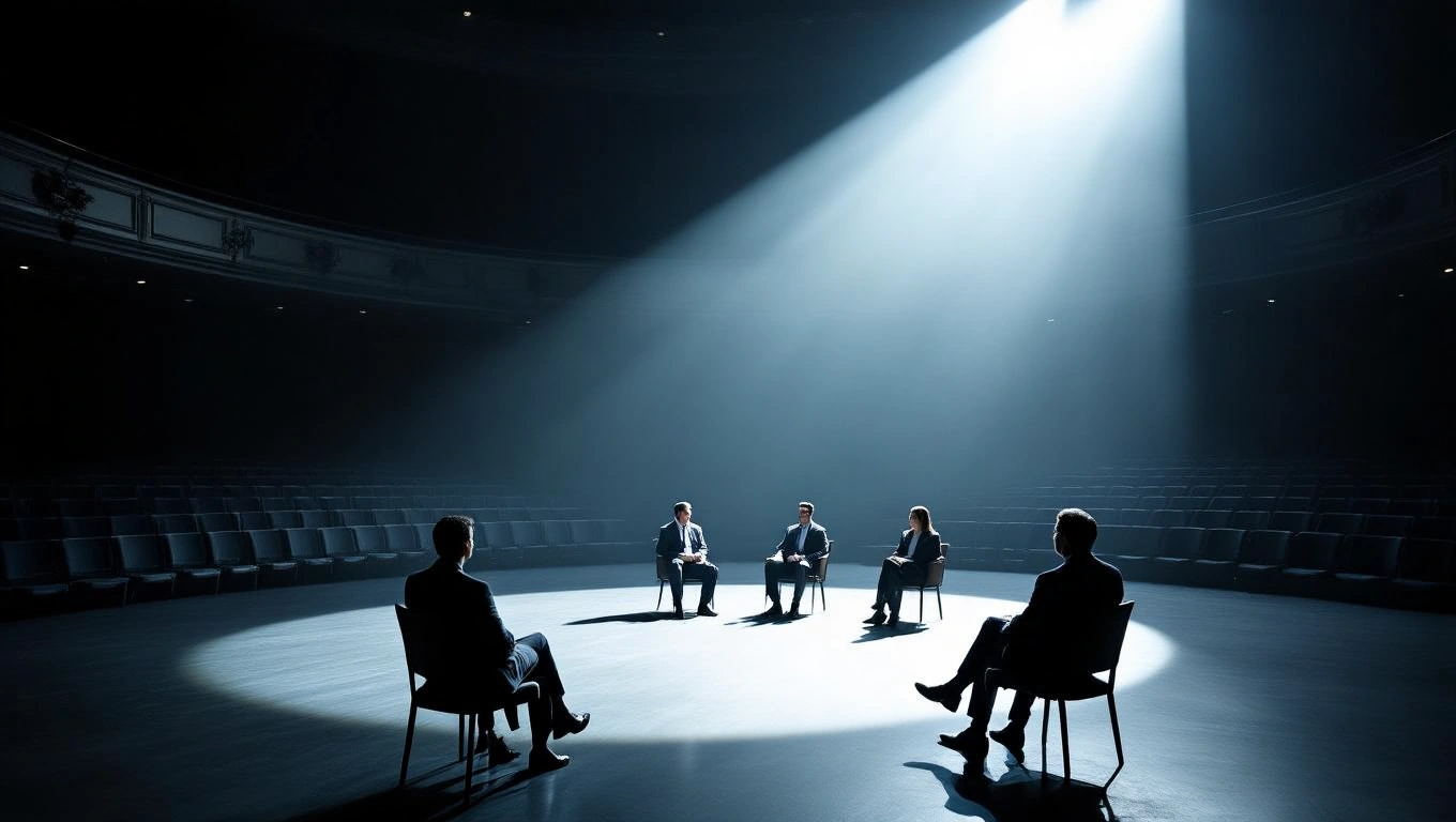 Mit jelent meetingről álmodni? – Részletes álomfejtés és értelmezés Öt ember ül egy körben, fényben, egy üres színházban, meeting közben.