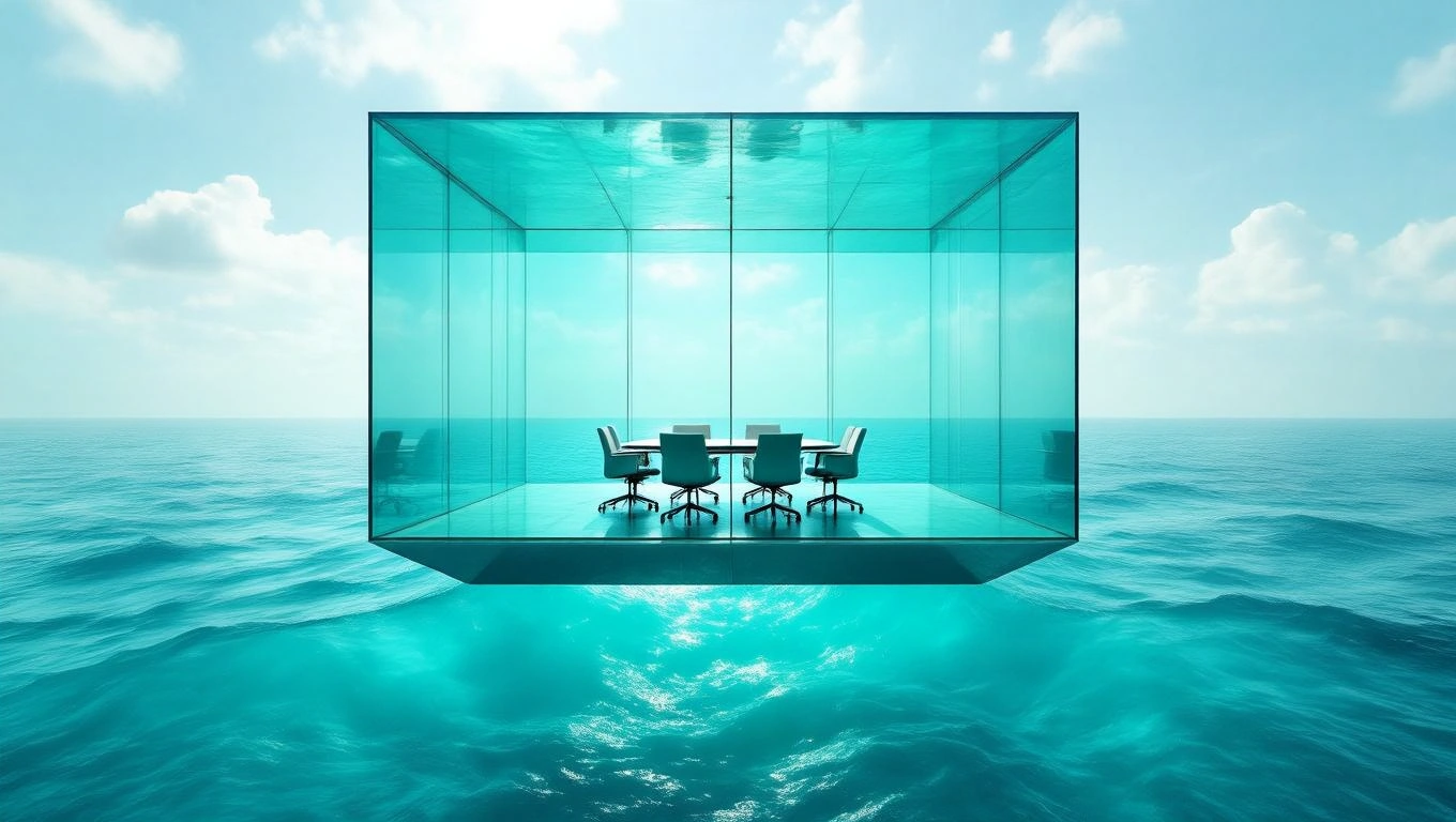 Mit jelent meetingről álmodni? – Részletes álomfejtés és értelmezés Üveg meeting terem lebeg a víz felett, világos és nyugodt környezetben.