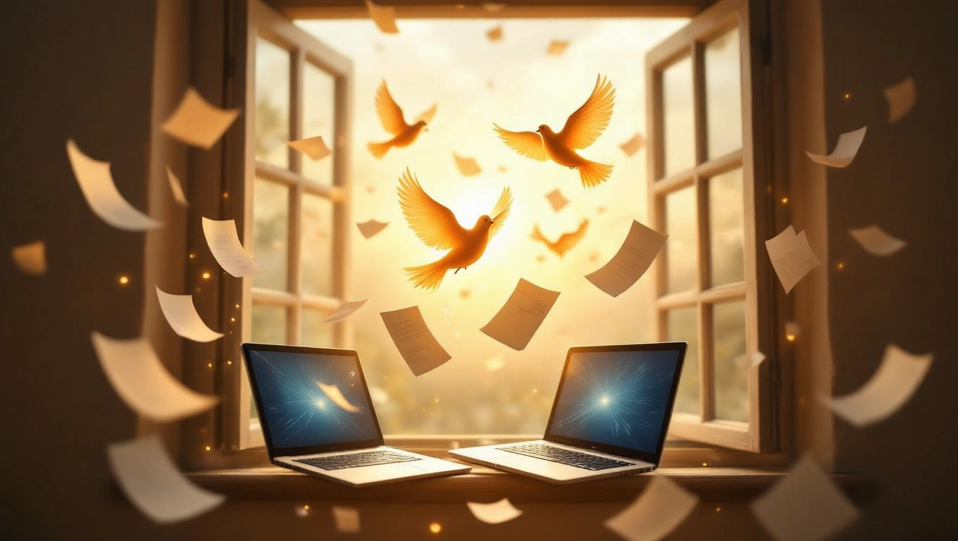 Mit jelent meetingről álmodni? – Részletes álomfejtés és értelmezés Két laptop áll egy ablakpárkányon, körülöttük papírlapok és madarak repkednek.