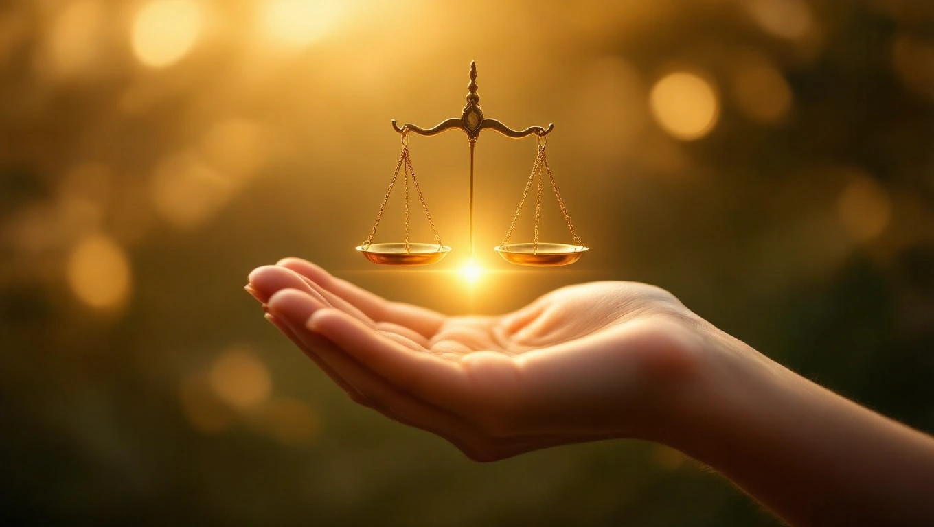 Mit jelent pikkellyel álmodni? – Részletes álomfejtés és értelmezés Egy kézben egy arany mérleg látható, háttérben lágy fényekkel.