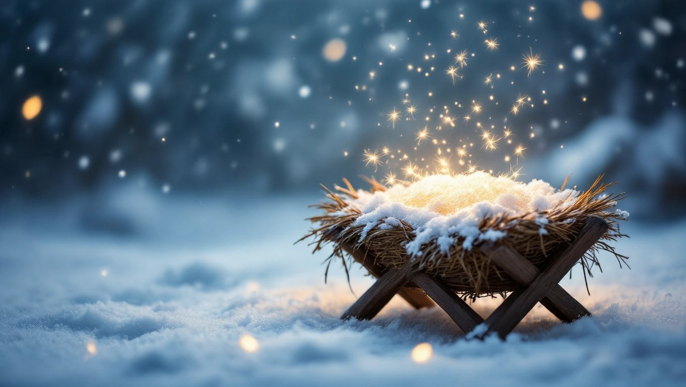 Mit jelent jászollal álmodni? – Részletes álomfejtés és értelmezés Havas jászol, amelyből csillagok és fények sugároznak, misztikus hangulatban.