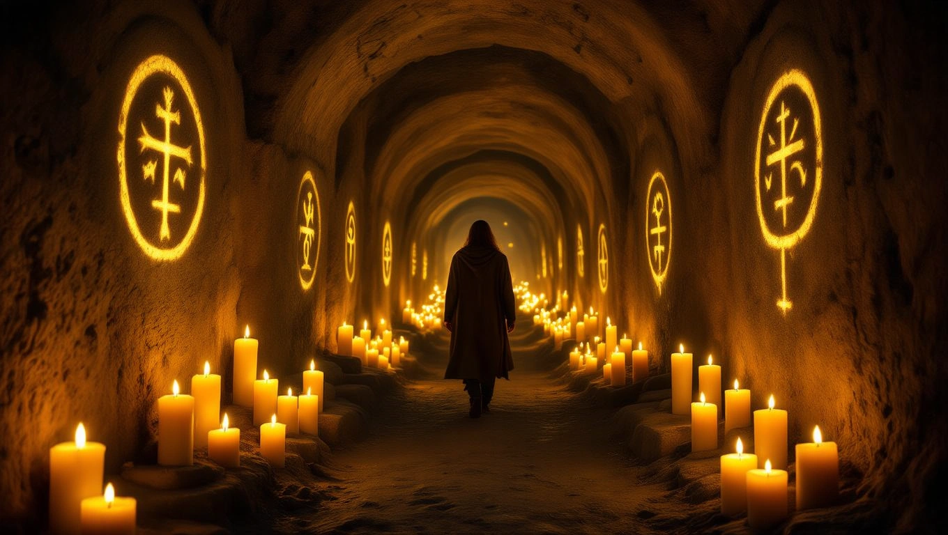 Egy sötét katakombában gyertyák világítanak, misztikus szimbólumokkal a falakon.