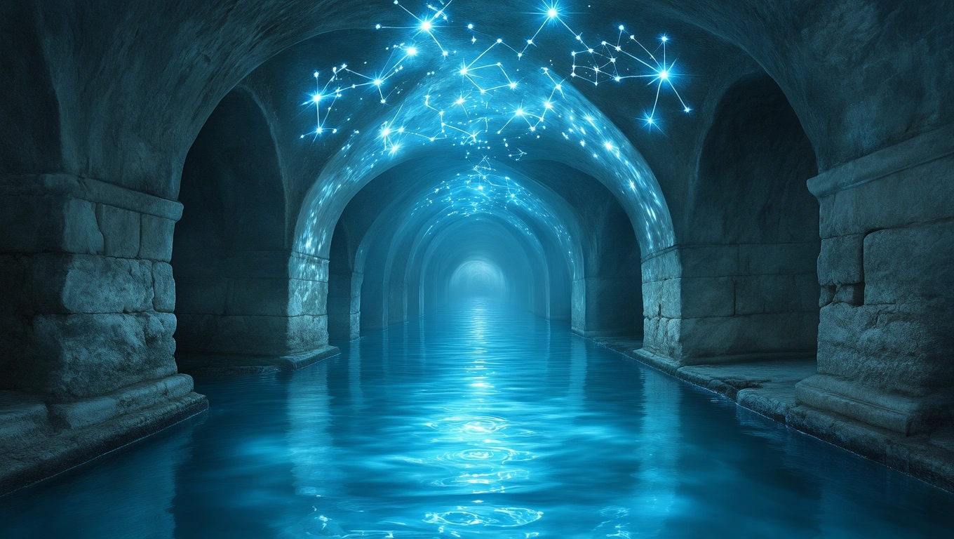 Mit jelent katakombáról álmodni? – Részletes álomfejtés és értelmezés Sötét katakomba víz alatti folyosókkal, csillagokkal díszítve.