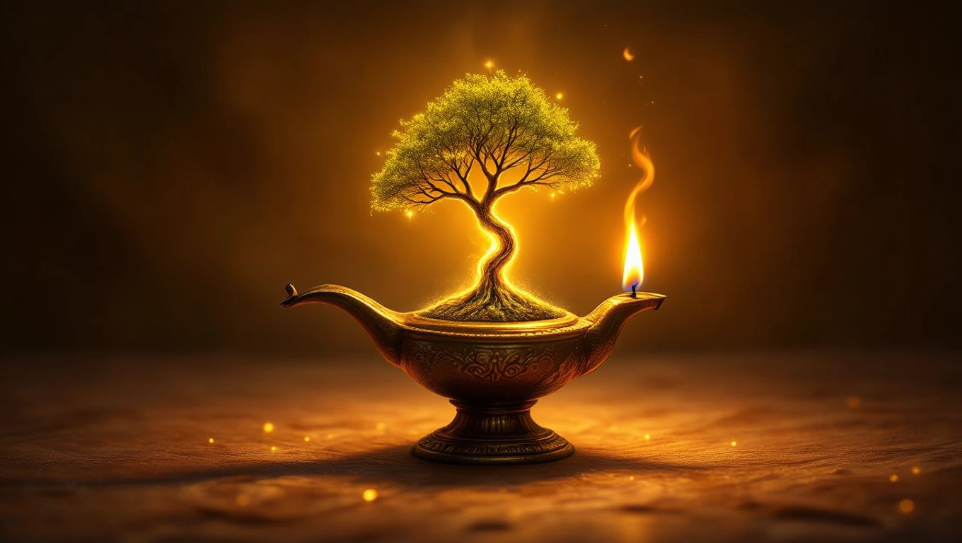 Mit jelent lámpával álmodni? – Részletes álomfejtés és értelmezés Egy lámpa, amelyből egy fa nő ki, fénylő lánggal, misztikus háttérrel.