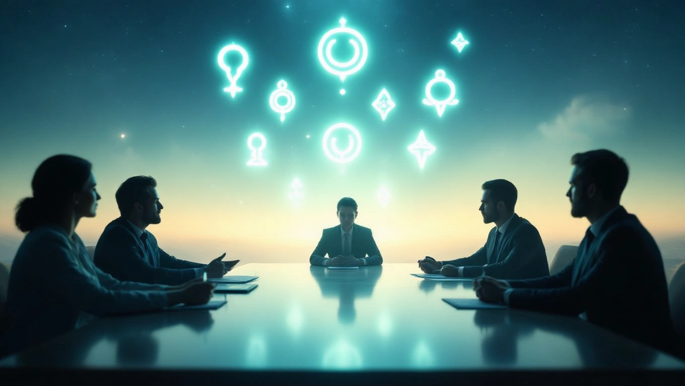 Mit jelent meetingről álmodni? – Részletes álomfejtés és értelmezés Egy értekezlet, ahol öt ember ül egy asztalnál, fejük felett szimbólumok lebegnek.