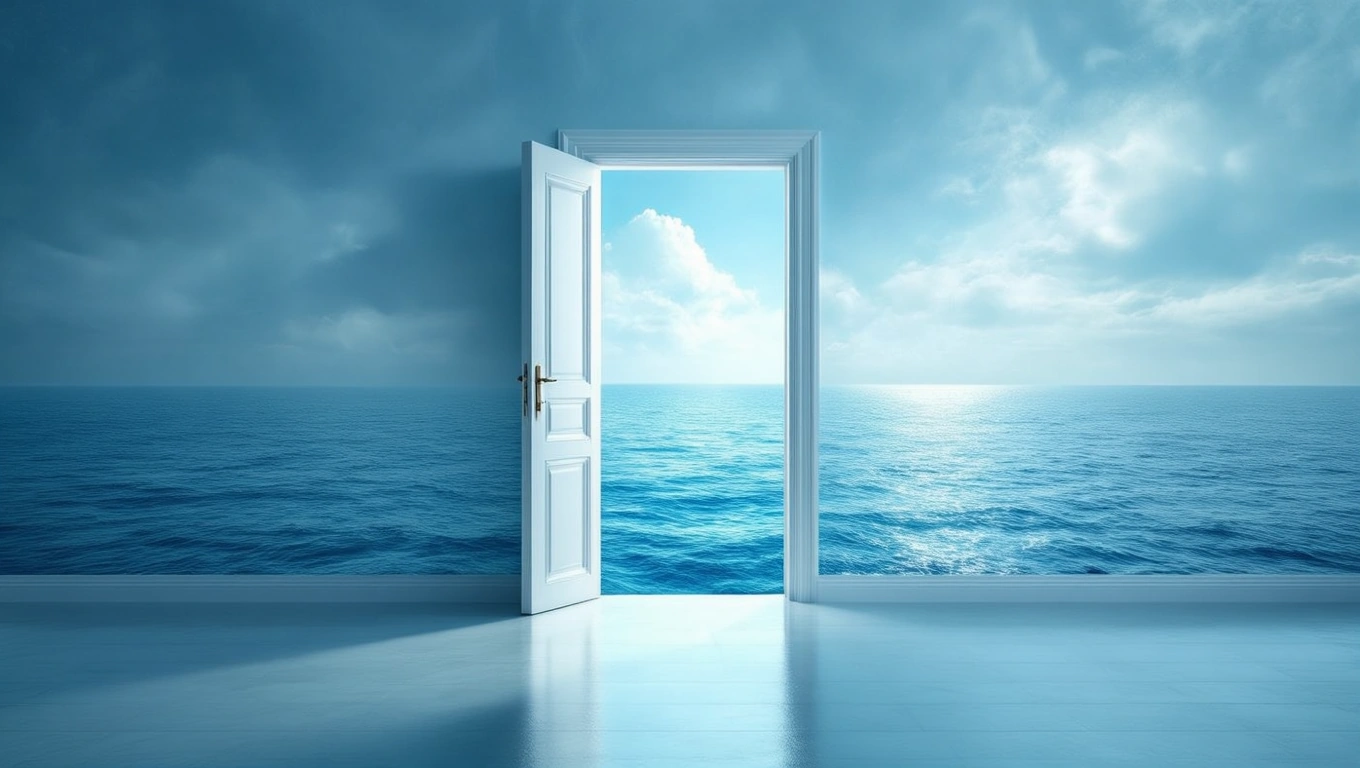 Mit jelent hotellal álmodni? – Részletes álomfejtés és értelmezés Egy nyitott ajtó, amelyen keresztül a tenger látszik, szimbolizálva az új lehetőségeket.