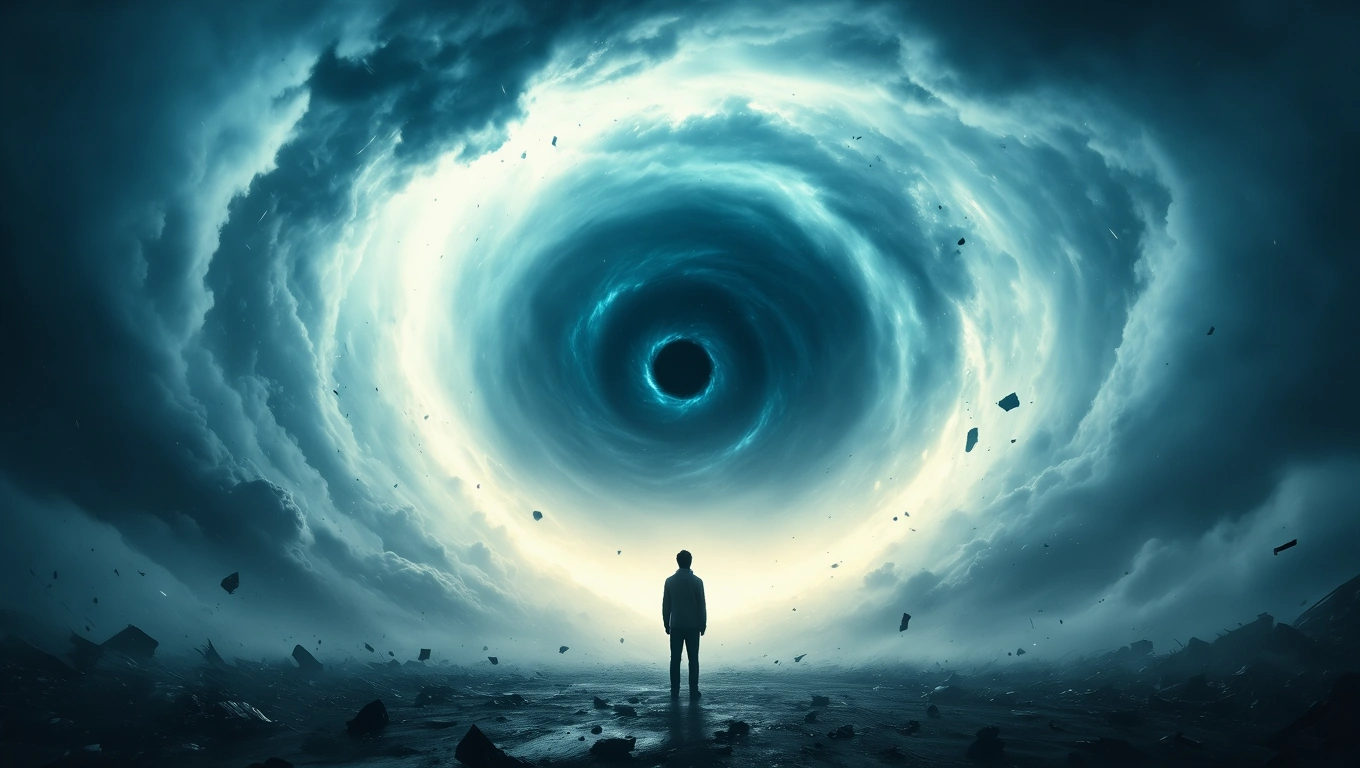 Egy magányos figura áll egy orkán felhőkarcoló előtt, amely viharos érzelmeket szimbolizál.