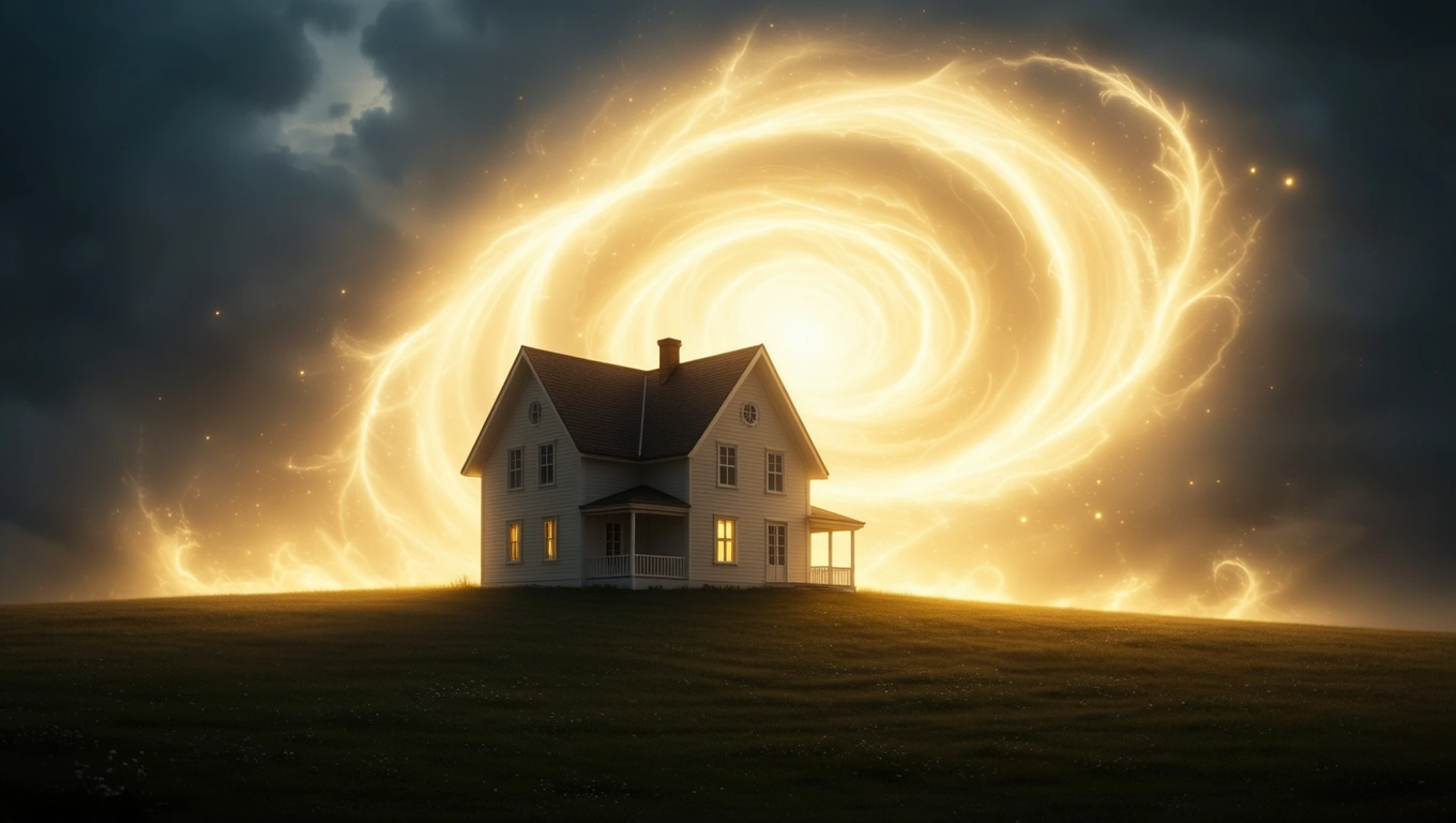 Mit jelent orkánnal álmodni? – Részletes álomfejtés és értelmezés Egy ház áll a dombon, mögötte orkánszerű fények és sötét felhők.