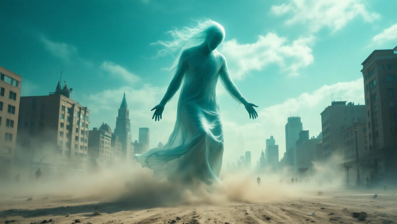 Mit jelent orkánnal álmodni? – Részletes álomfejtés és értelmezés Egy szellemszerű figura áll a város közepén, orkán erejével körülvéve.