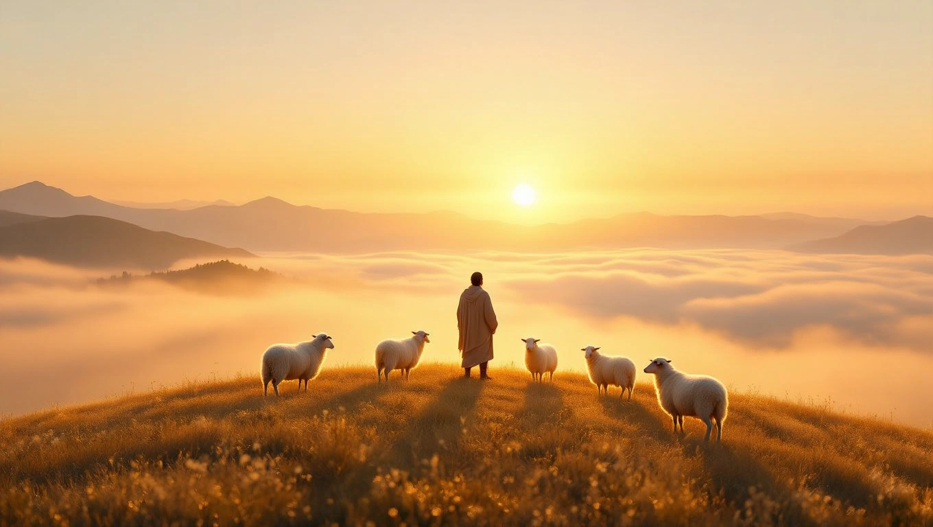 Egy pásztor áll a dombon, körülötte birkák, napfelkeltében.