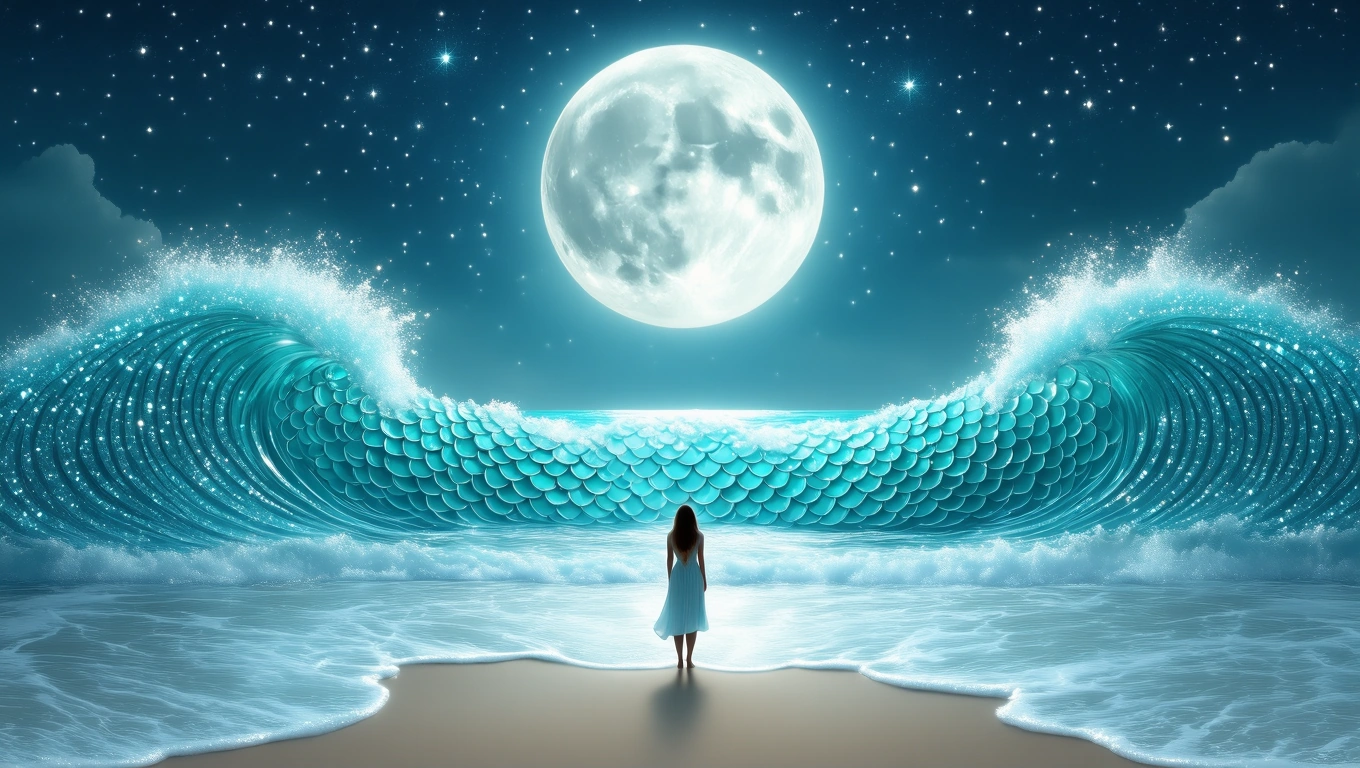Mit jelent pikkellyel álmodni? – Részletes álomfejtés és értelmezés Egy nő áll a tengerparton, mögötte csillogó pikkelyekből álló hullámok és telihold.