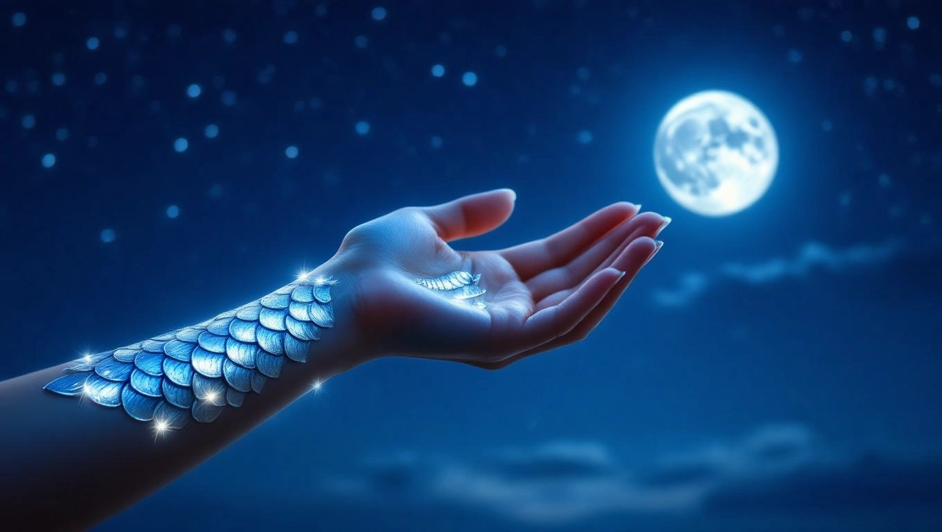 Egy kéz, amely pikkelyekkel díszített, a hold fényében tündököl.