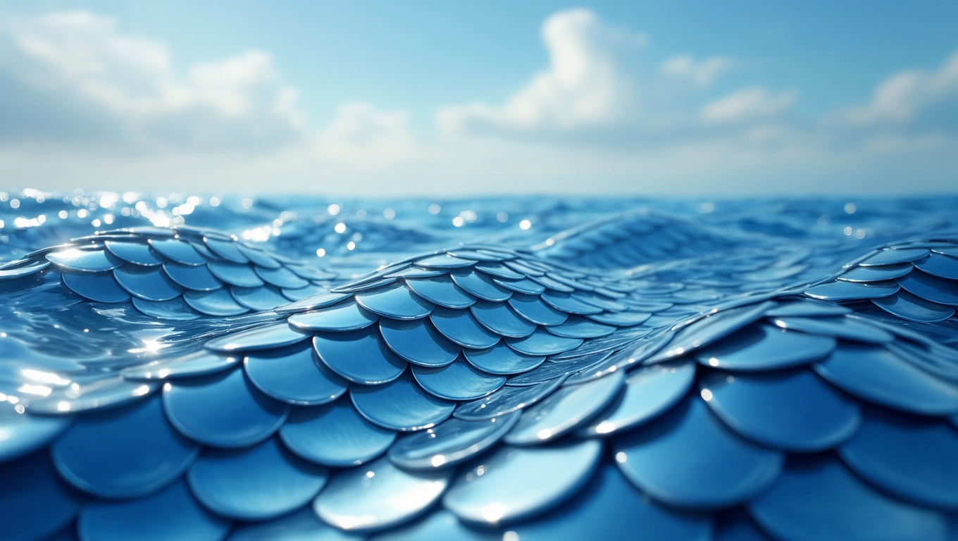 Mit jelent pikkellyel álmodni? – Részletes álomfejtés és értelmezés Kék pikkelyekből álló vízfelület, amely a napfényben csillog.