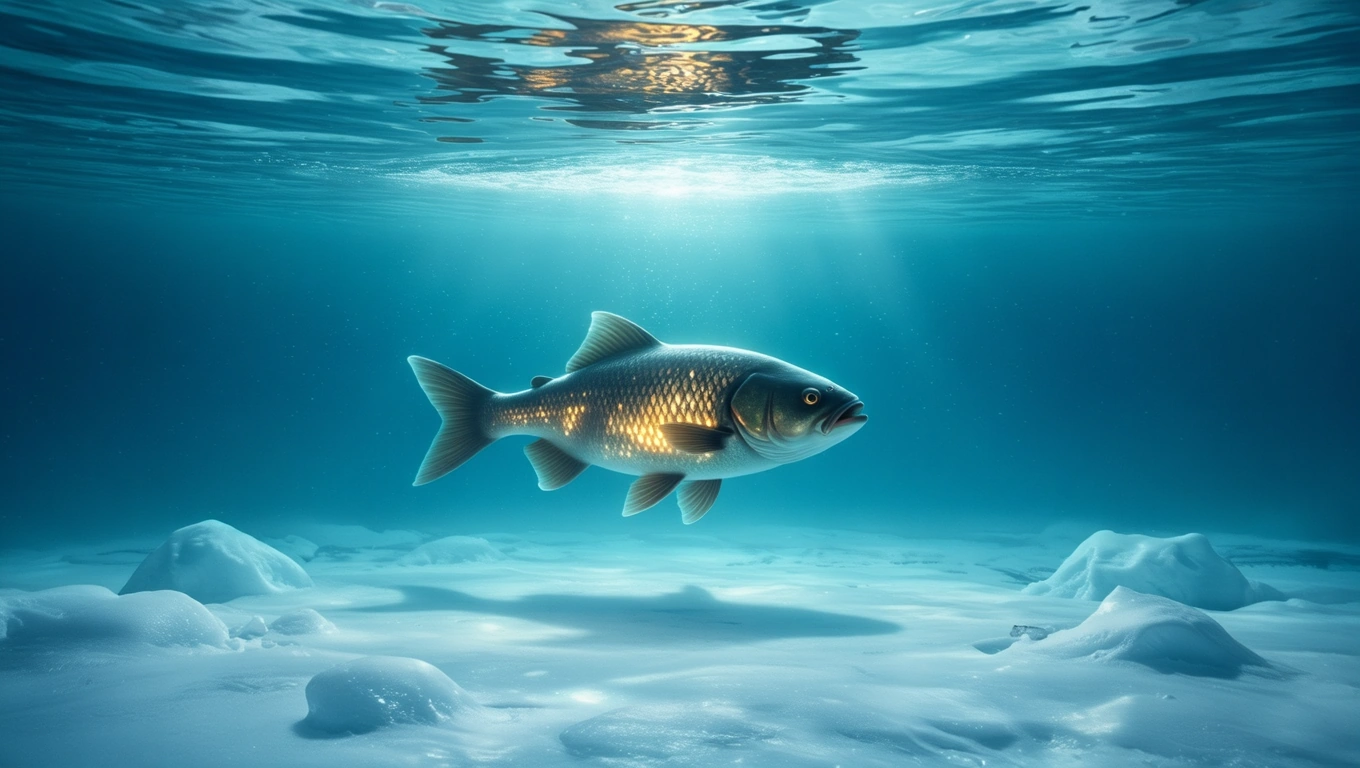 Mit jelent pikkellyel álmodni? – Részletes álomfejtés és értelmezés Egy pikkelyes hal úszik a víz alatt, világos kék háttérrel és jégdarabokkal.