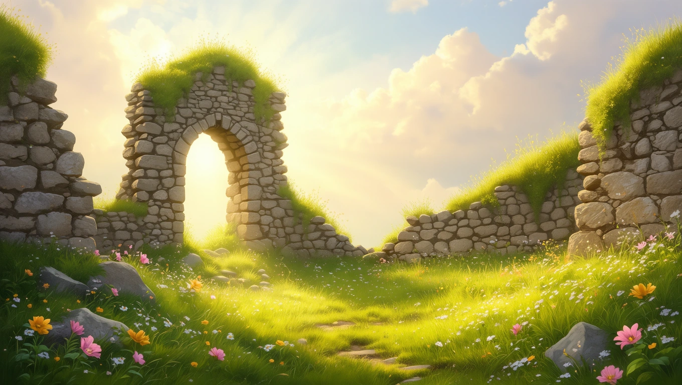 Romos bástya ívén átsüt a nap, virágokkal borított rét körülötte.