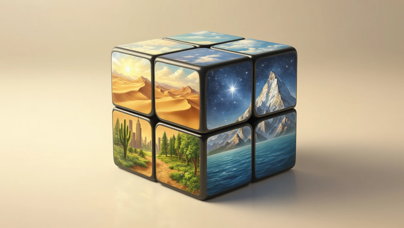 Színes Rubik kocka, különböző tájakat ábrázoló oldalakkal, álomfejtéshez kapcsolódóan.