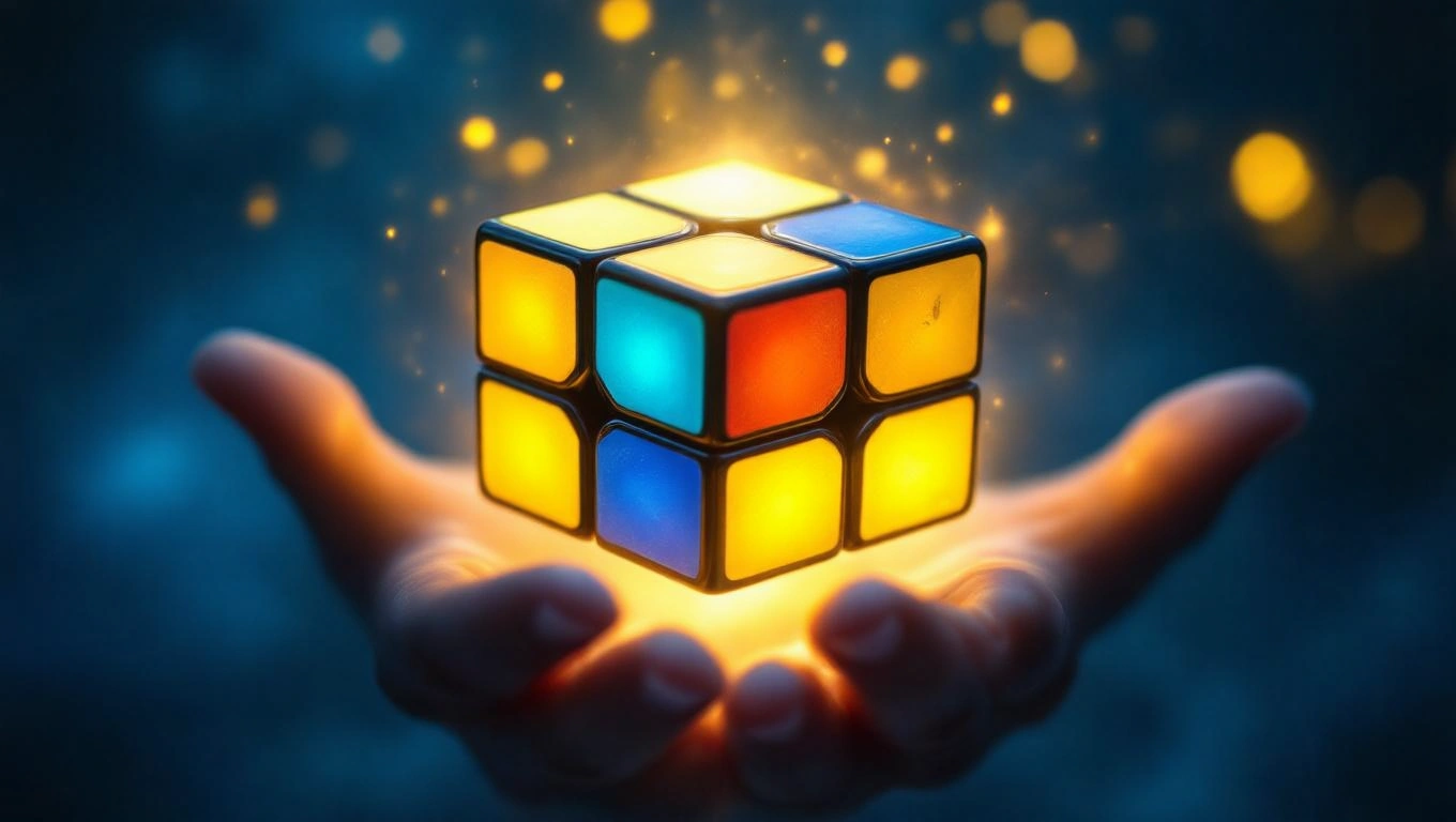 Egy Rubik kocka lebeg egy kézben, fényekkel körülvéve, álomszerű háttérrel.