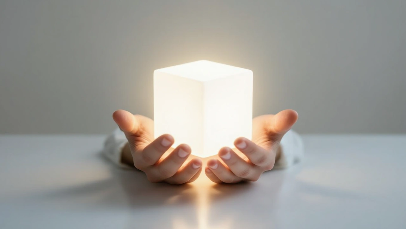 Két kéz tart egy világító, színtelen kockát, amely a Rubik kockát szimbolizálja.