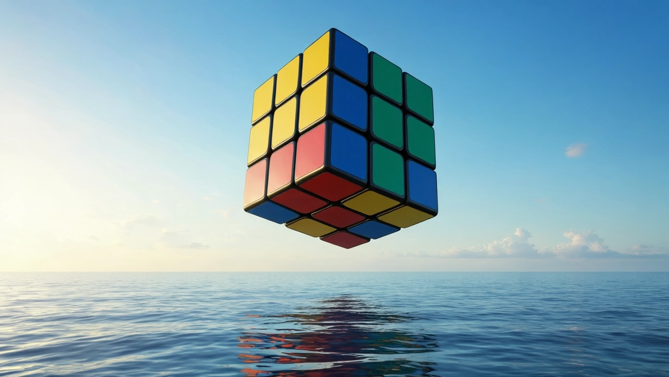 Egy lebegő Rubik kocka a víz felett, tiszta kék éggel a háttérben.