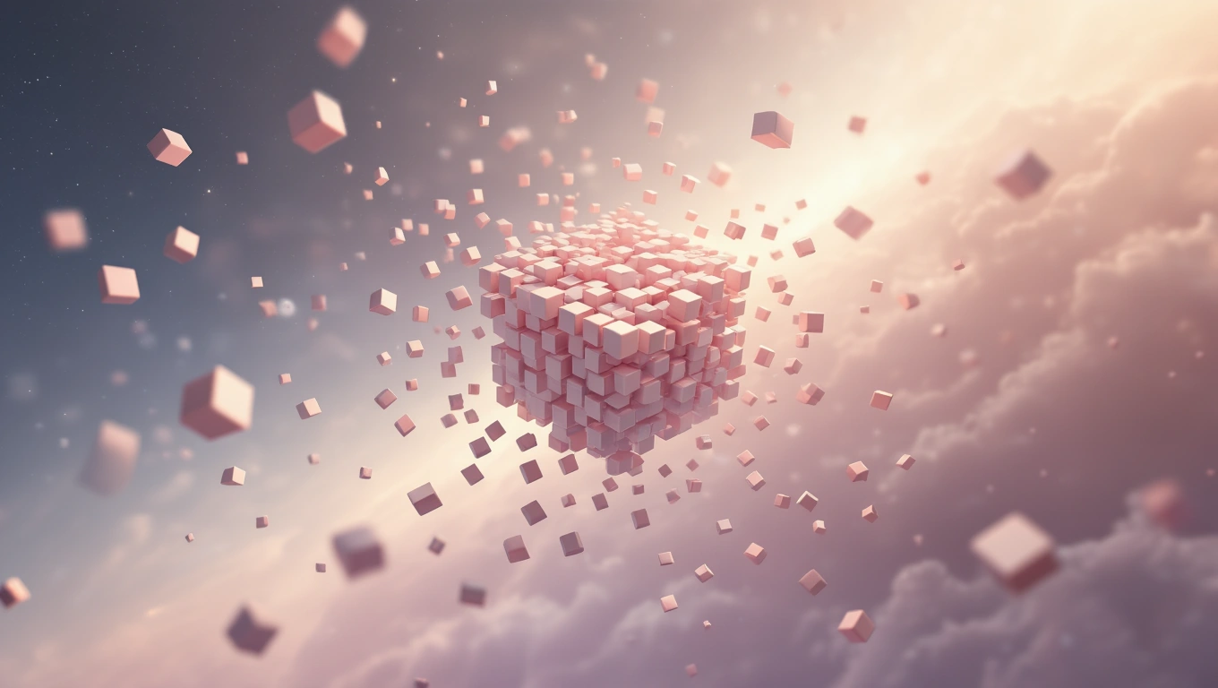 Egy lebegő Rubik kocka, körülötte apró, színes kockák, álomszerű háttérben.