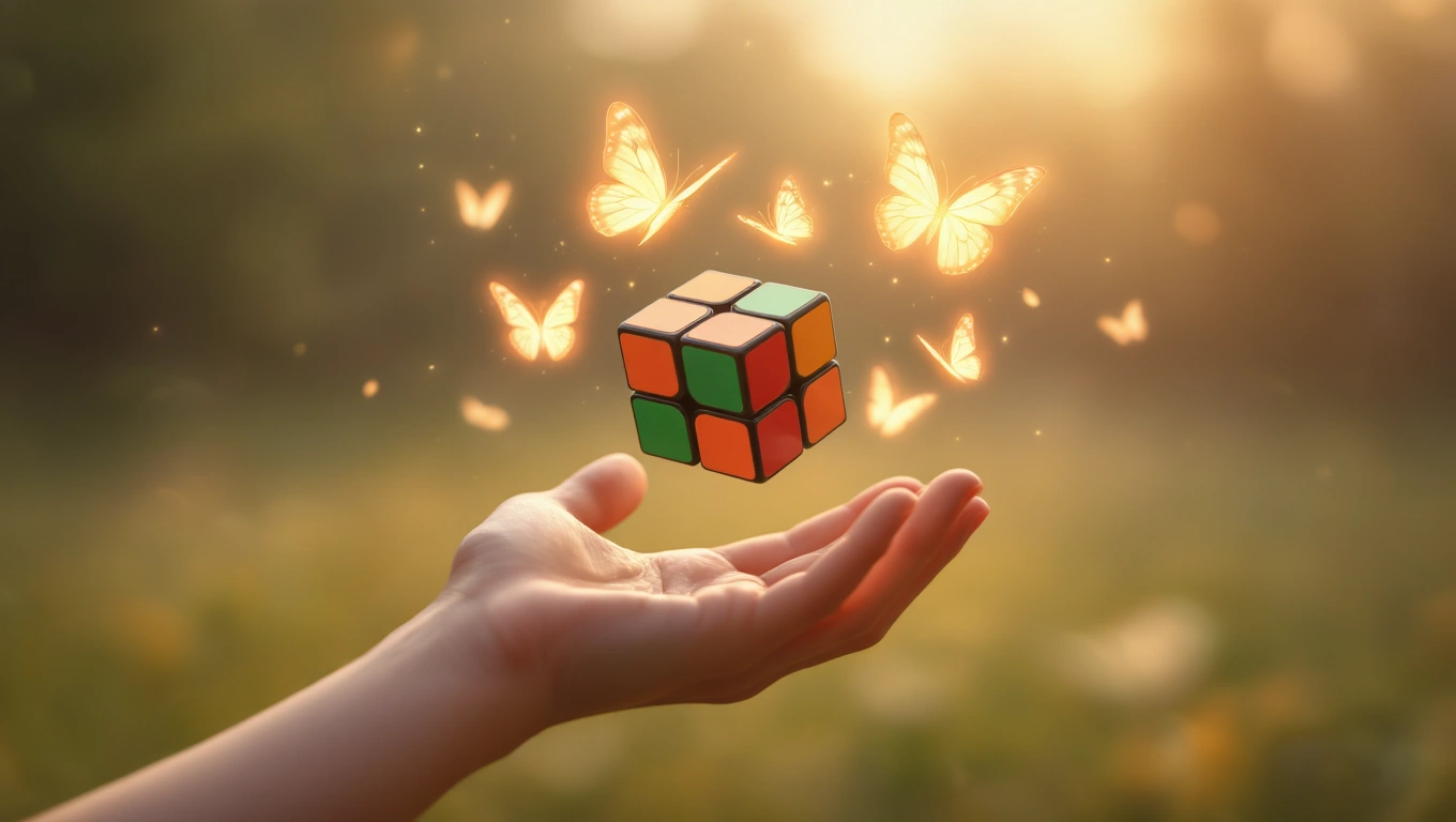 Egy kézben lebegő Rubik kocka, körülötte színes pillangók repkednek.