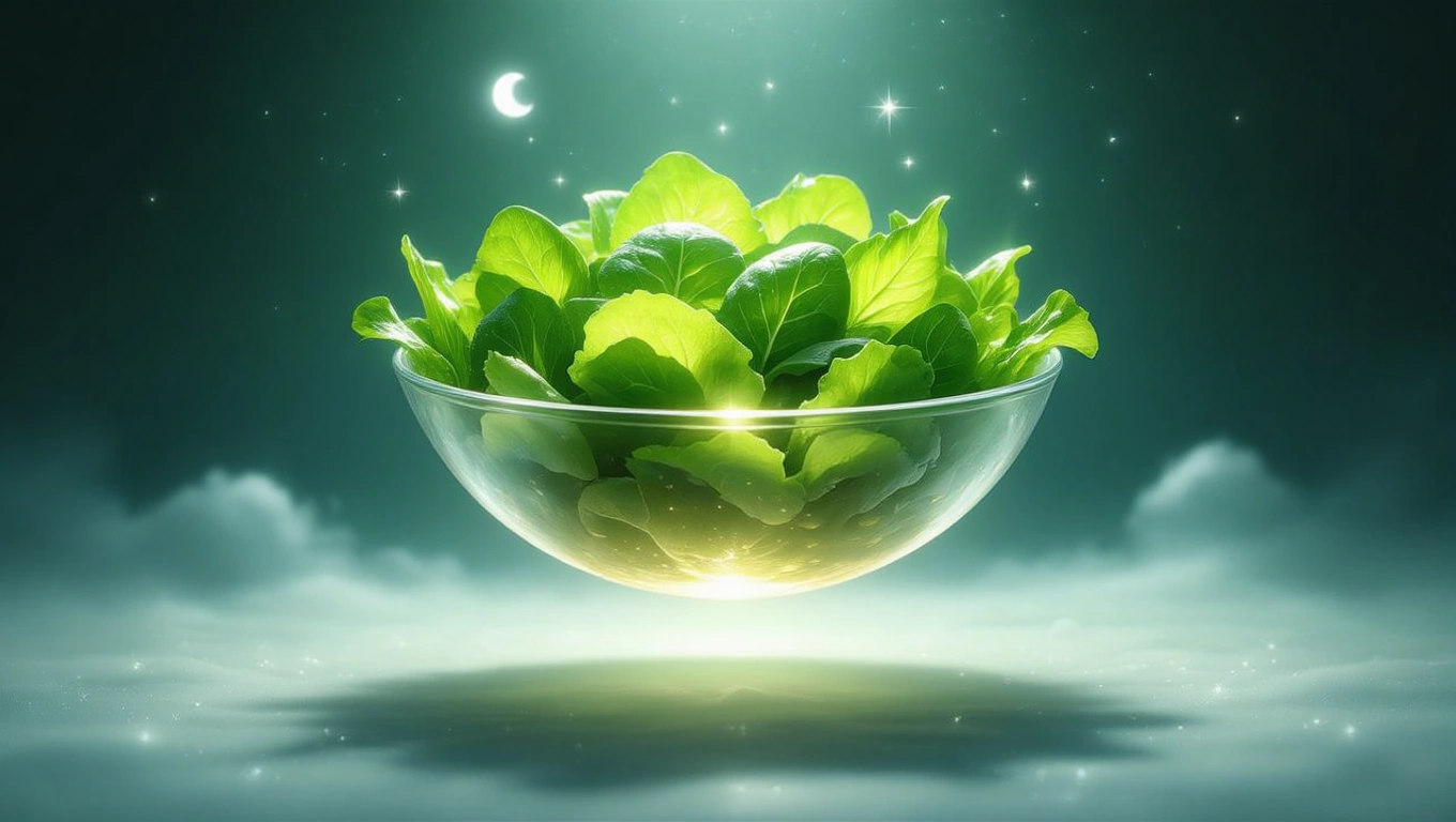 Mit jelent salátával álmodni? – Részletes álomfejtés és értelmezés Friss, zöld saláta egy üvegtálban, lágy fényben, álomszerű háttérrel.
