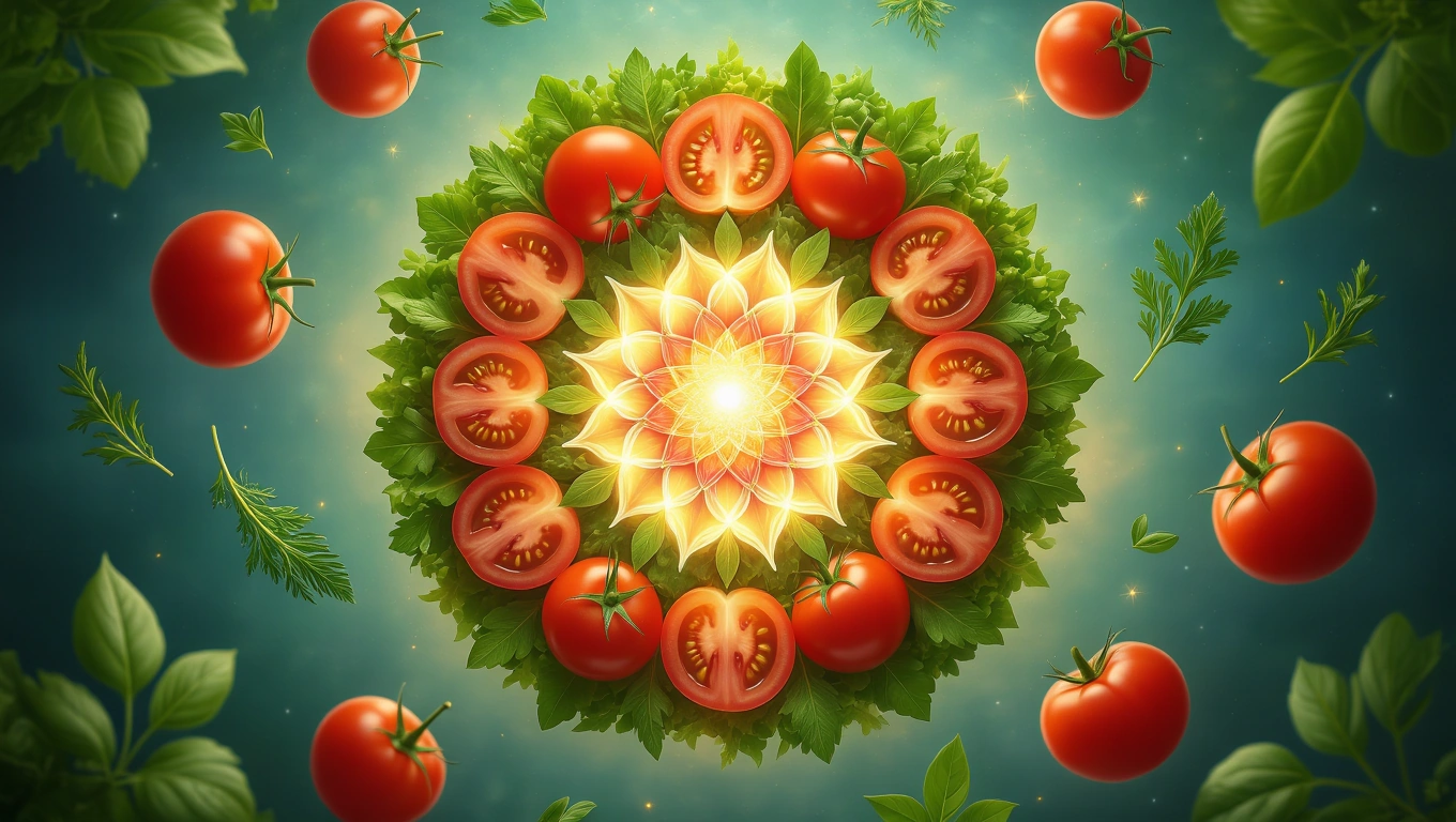 Mit jelent salátával álmodni? – Részletes álomfejtés és értelmezés Friss saláta zöld levelekkel és piros paradicsommal díszítve.