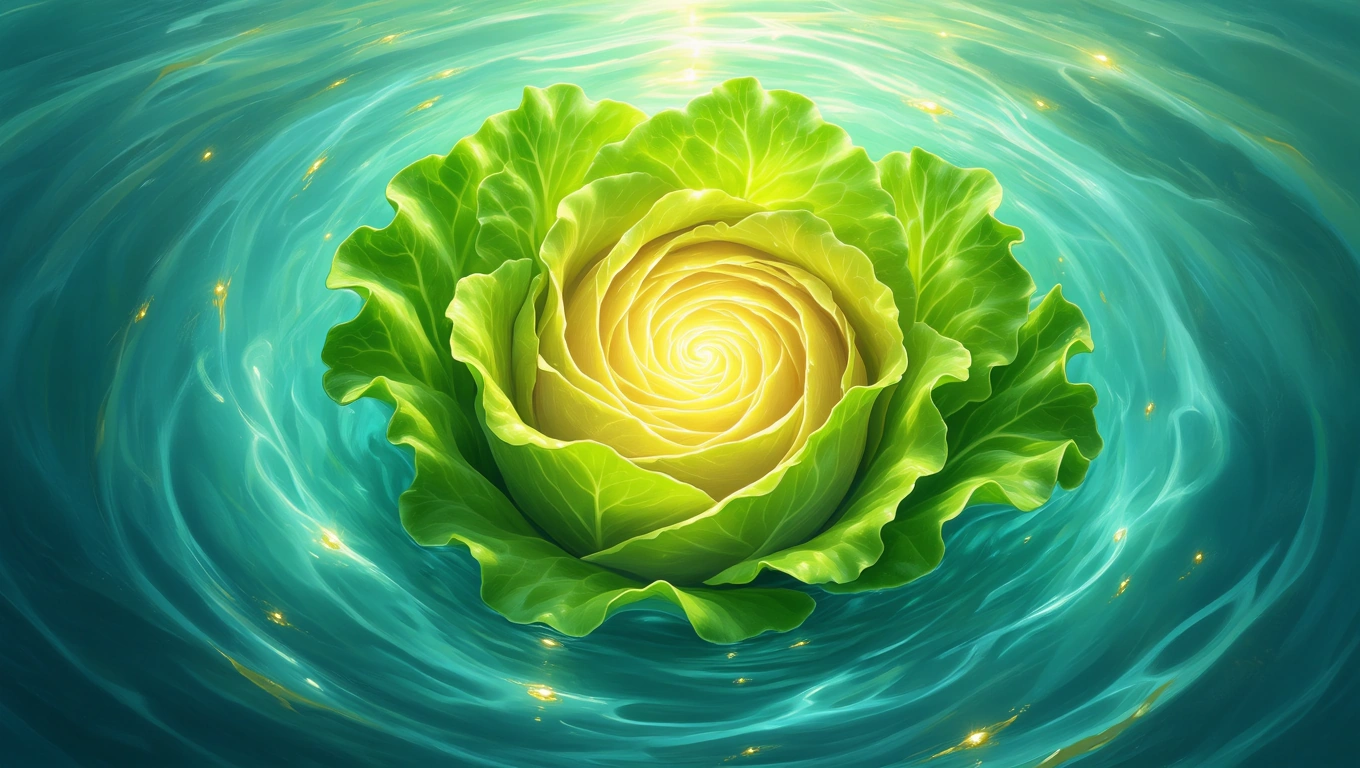 Mit jelent salátával álmodni? – Részletes álomfejtés és értelmezés Friss, zöld saláta egy spirális formában, víz alatt lebegve.