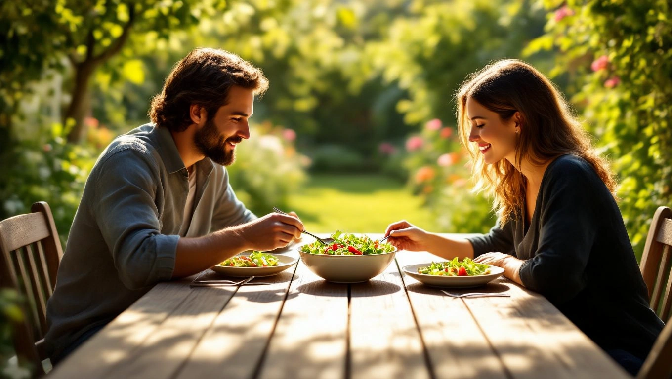 Mit jelent salátával álmodni? – Részletes álomfejtés és értelmezés Két ember salátát fogyaszt egy napfényes kertben, boldog hangulatban.
