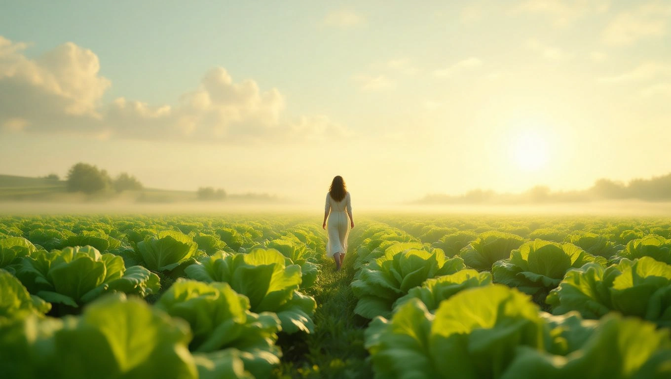 Mit jelent salátával álmodni? – Részletes álomfejtés és értelmezés Egy nő sétál egy zöld salátamezőn, napfényben fürödve.