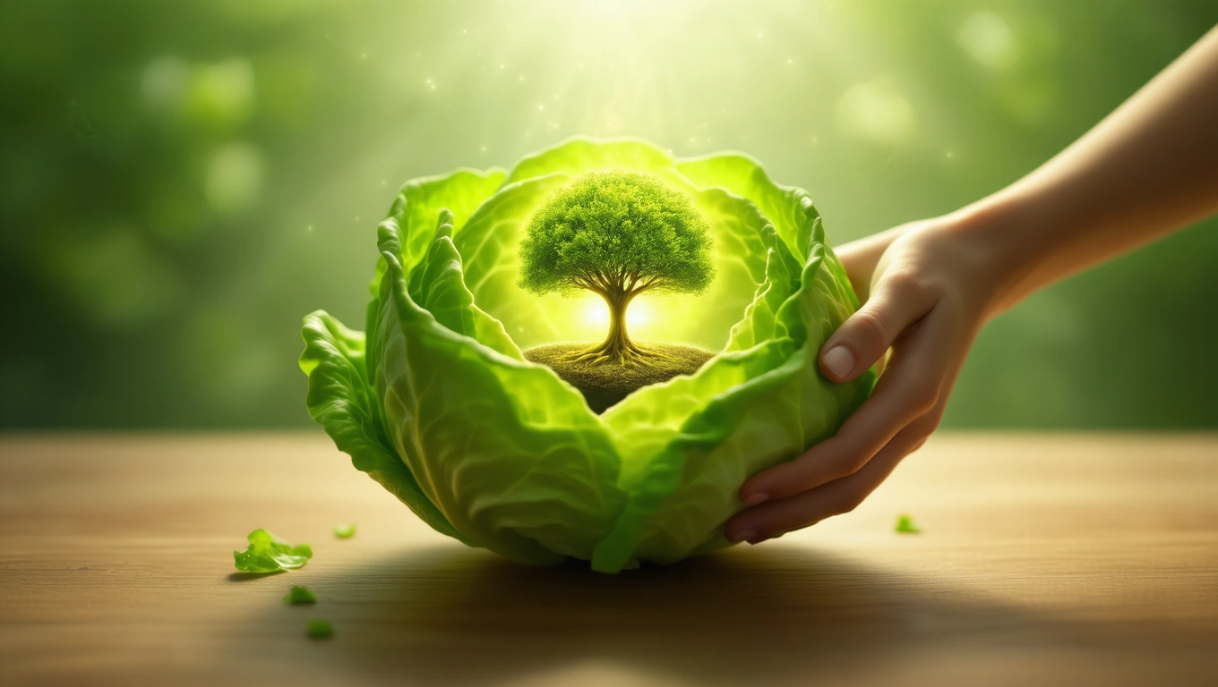 Egy kéz tart egy salátalevelet, benne egy zöld fa szimbólumával.