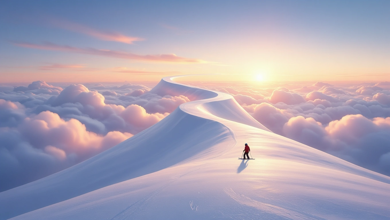 Mit jelent sípályával álmodni? – Részletes álomfejtés és értelmezés Egy síelő áll a hóval borított hegycsúcson, a naplementében.