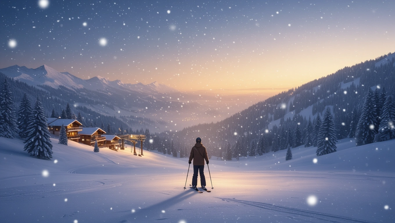 Egy síelő áll a hóval borított sípályán, háttérben hegyek és fenyők.