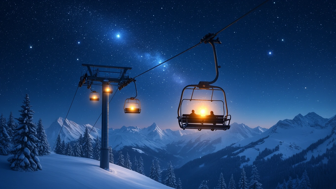 Mit jelent sípályával álmodni? – Részletes álomfejtés és értelmezés Két ember ül egy síliftben, háttérben csillagos ég és hegyek.