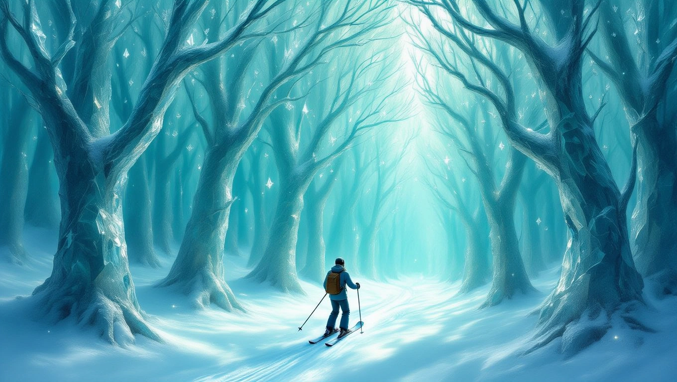 Mit jelent sípályával álmodni? – Részletes álomfejtés és értelmezés Egy síelő a hóval borított erdőben, fák között haladva.