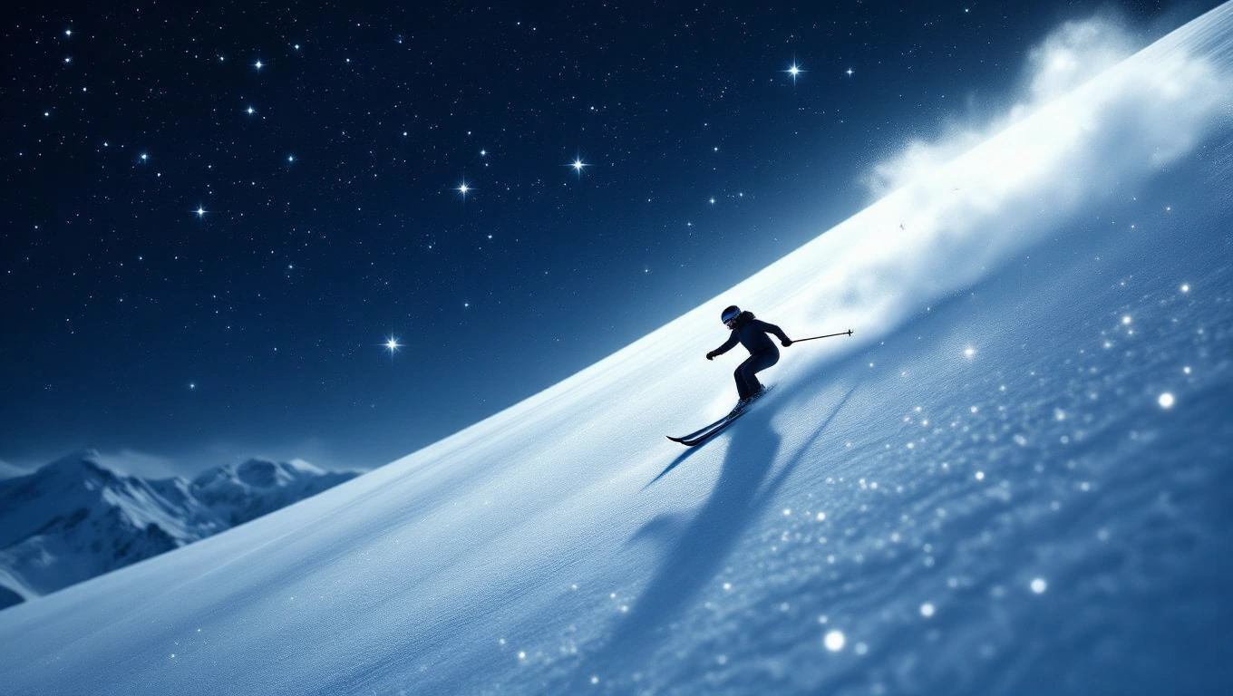 Mit jelent sípályával álmodni? – Részletes álomfejtés és értelmezés Egy síelő a csillagok alatt, hóval borított lejtőn halad.