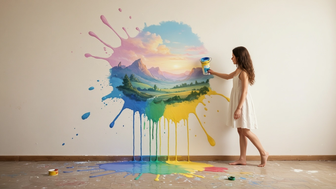 Mit jelent balfácánnal álmodni? – Részletes álomfejtés és értelmezés Egy lány fest egy színes tájat a falra, színes festékcseppekkel körülvéve.