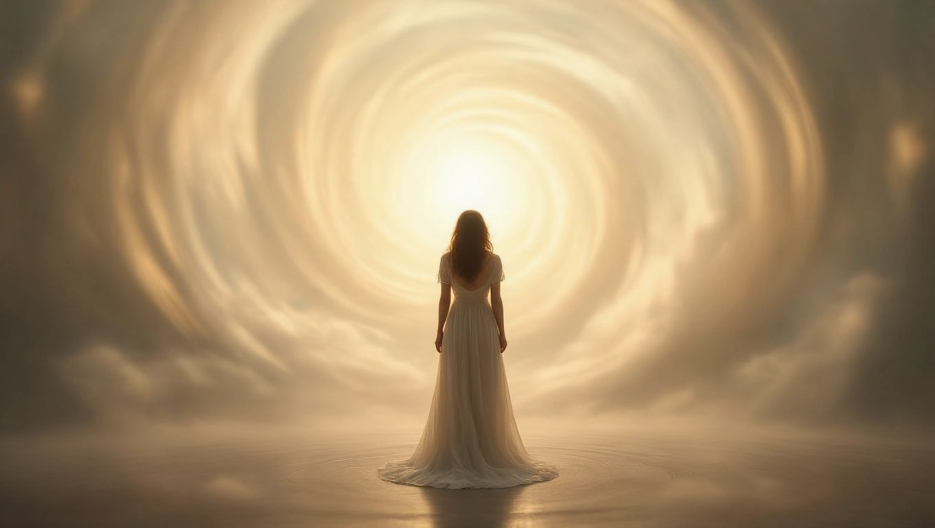 Mit jelent tanácstalanságról álmodni? – Részletes álomfejtés és értelmezés Egy nő áll egy fénylő spirál előtt, amely a tanácstalanság szimbóluma lehet.