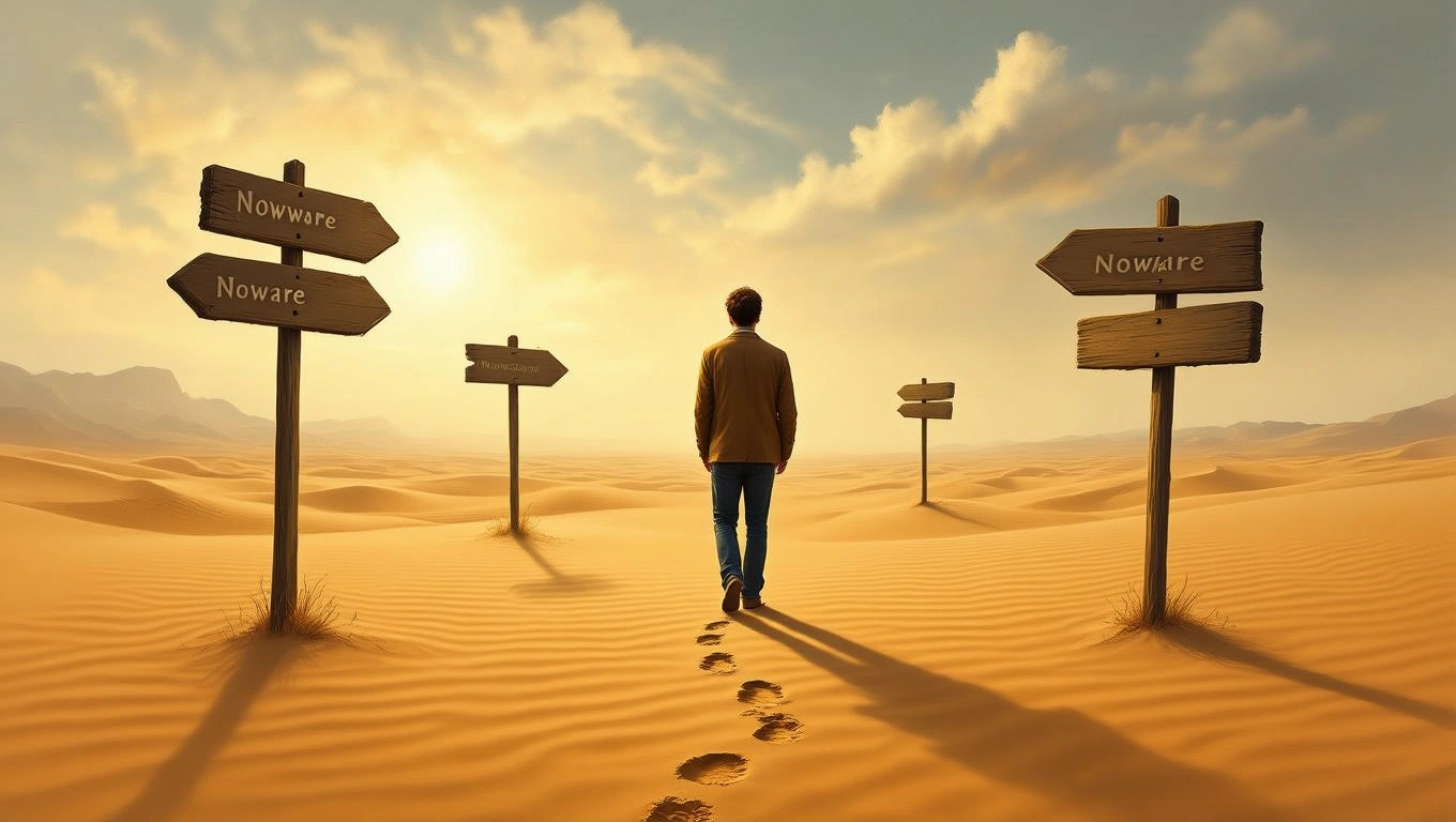 Mit jelent tanácstalanságról álmodni? – Részletes álomfejtés és értelmezés Egy férfi áll a sivatagban, útjelző táblák között, amelyek a tanácstalanságot szimbolizálják.