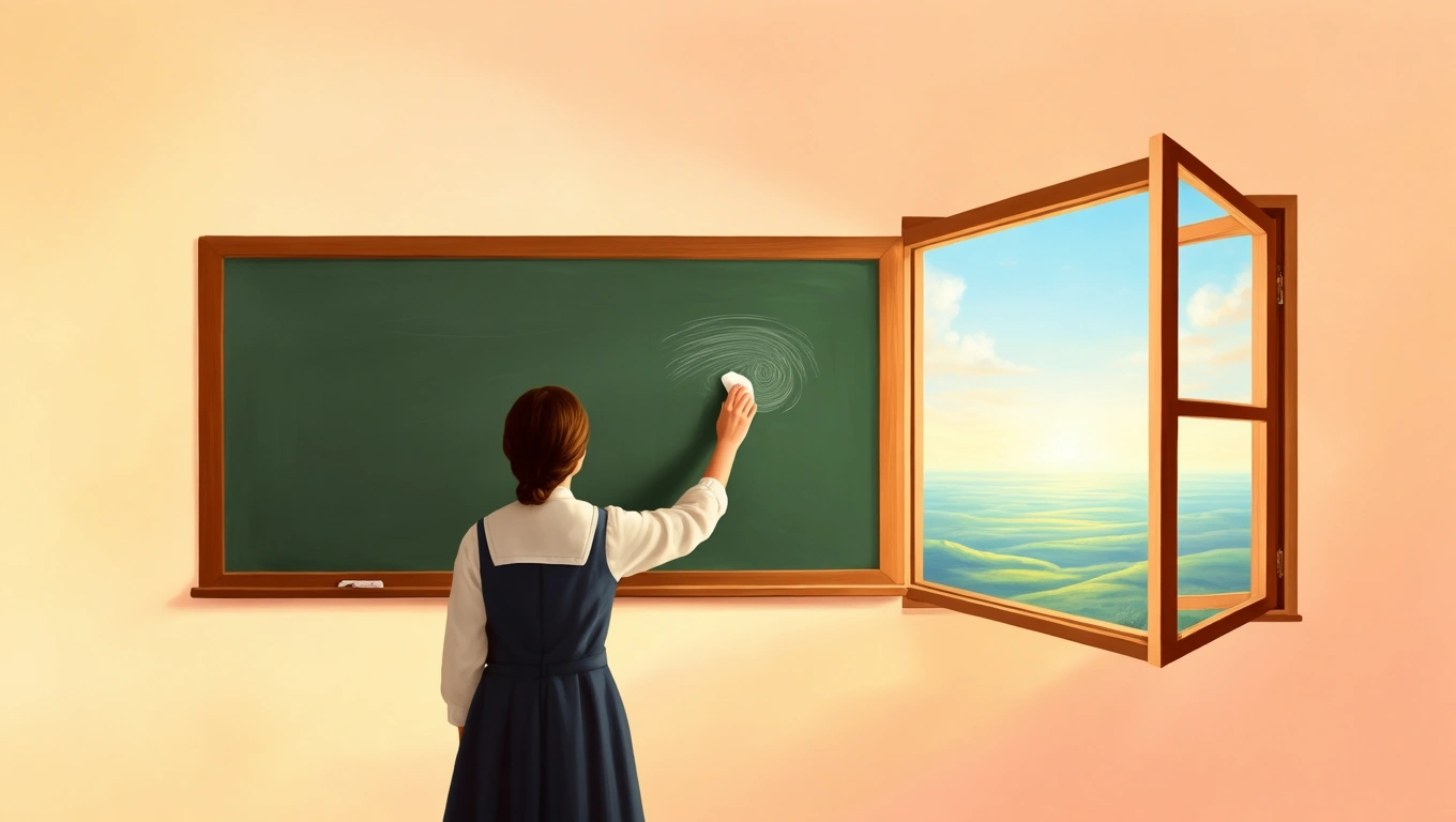 Mit jelent tanárnővel álmodni? – Részletes álomfejtés és értelmezés Egy tanárnő a táblánál áll, miközben az ablakon gyönyörű táj látszik.